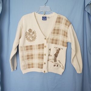 E P Pro Women's Light Brown Plaid/White Color Block Graphic Golf Cardigan Sz Med